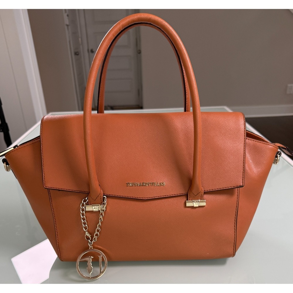 Trussardi Jeans PU Leather Orange Large Handbag w/Shoulder Strap GrannieCore